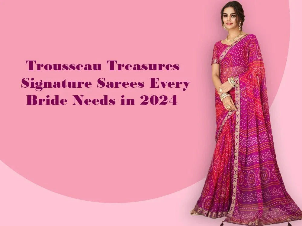 Bride in vibrant pink designer saree with ethnic patterns, perfect for 2024 wedding trousseau