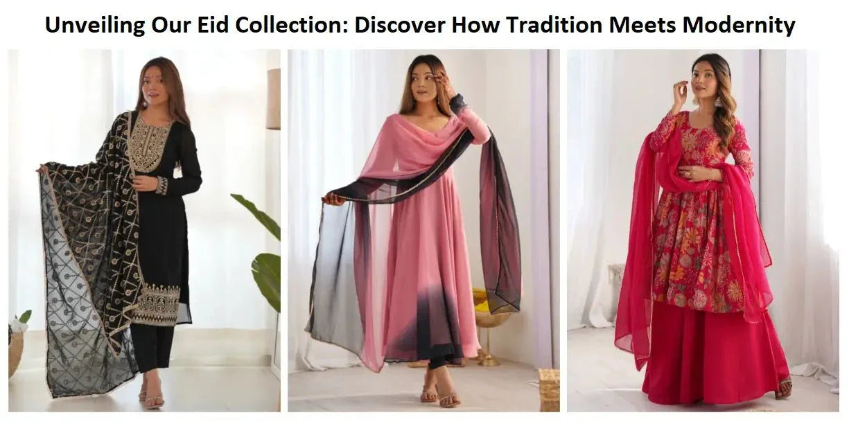 Three women in elegant Indian ethnic suits from Ethnic Plus Eid collection, featuring black, pink, and red outfits with traditional embroidery and dupattas.