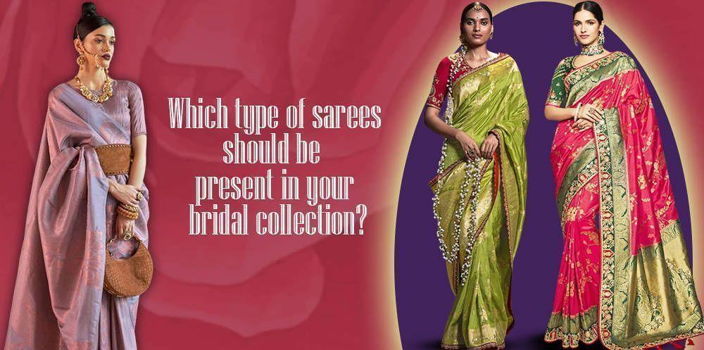 Three women wearing traditional bridal sarees in lavender, green, and red-gold with ornate jewelry.
