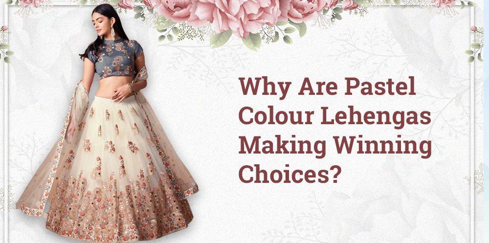 Woman wearing pastel floral lehenga choli with floral border, ideal for Indian ethnic wear.