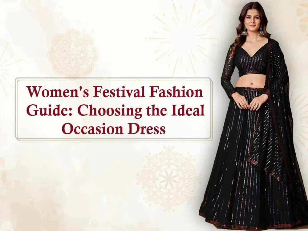 Woman in black sequined lehenga choli, festival fashion guide text, ethnic occasion wear