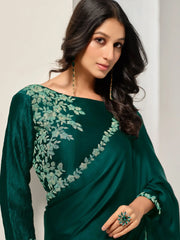 Gorgeous Green Zardosi Satin Silk Wedding Wear Saree With Blouse