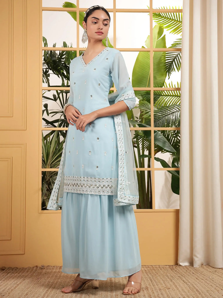 Precious Blue Embroidered Georgette Casual Wear Sharara Suit