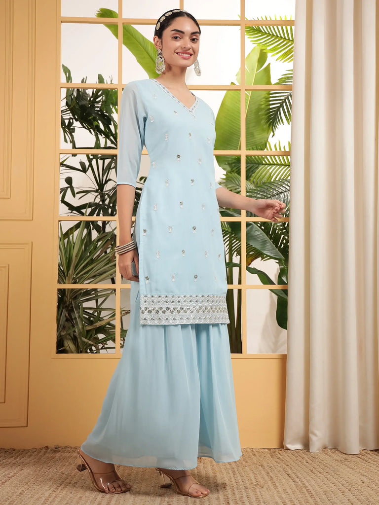 Precious Blue Embroidered Georgette Casual Wear Sharara Suit