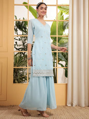 Precious Blue Embroidered Georgette Casual Wear Sharara Suit