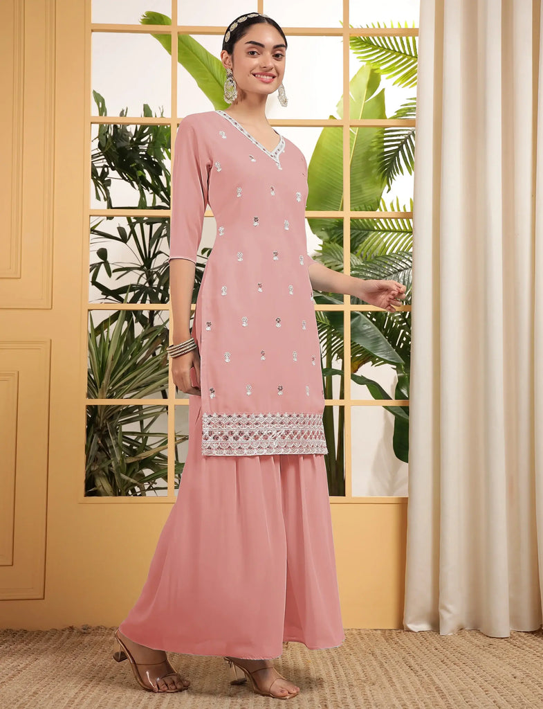 Beautiful Peach Embroidered Georgette Festival Wear Sharara Suit