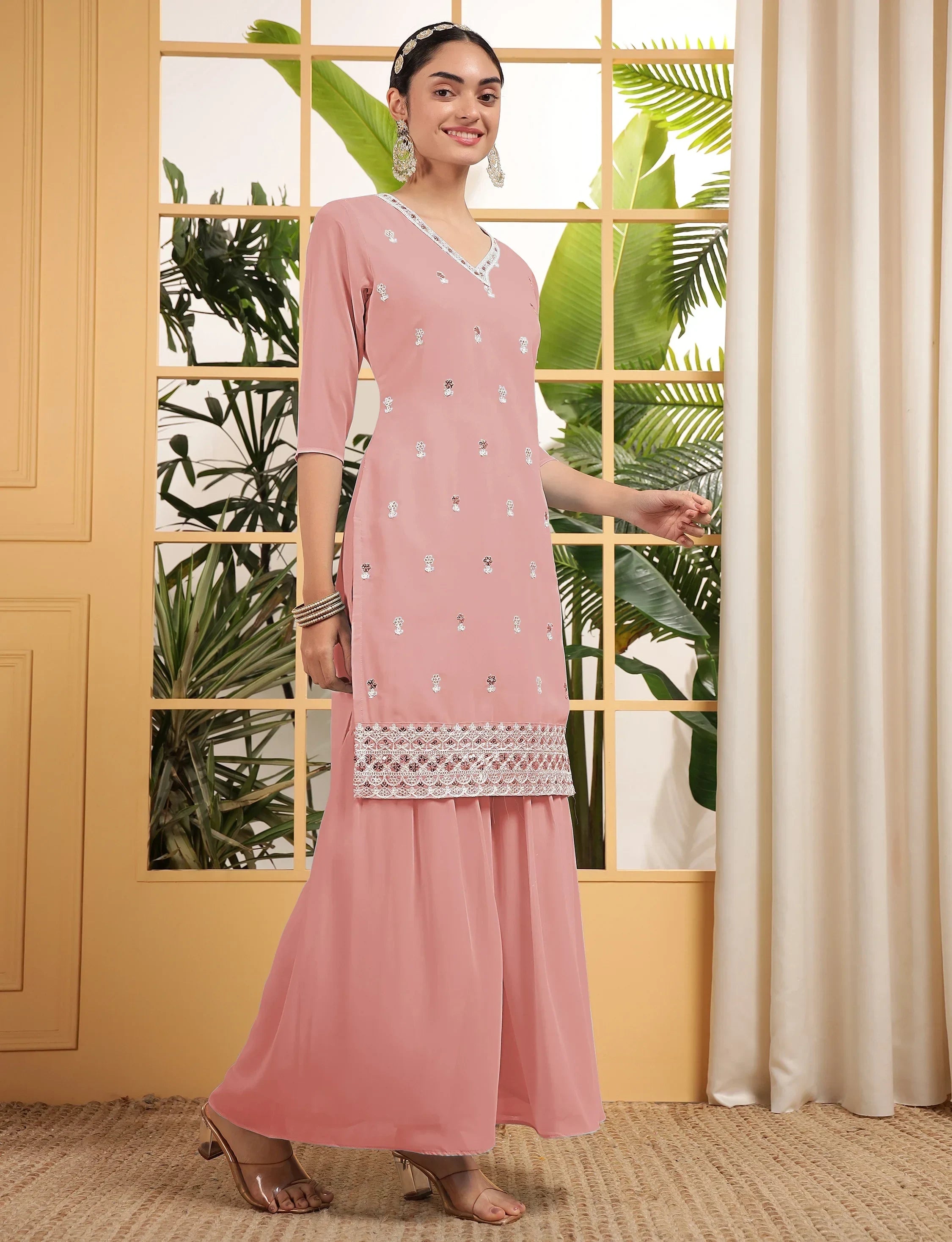 Beautiful Peach Embroidered Georgette Festival Wear Sharara Suit