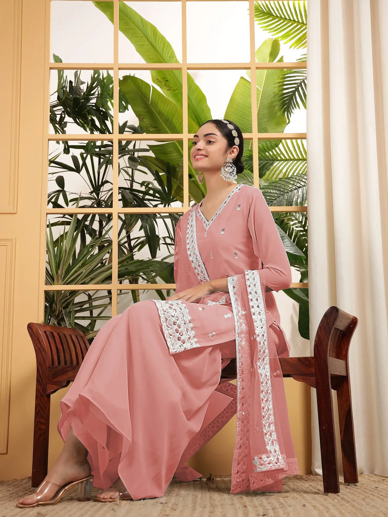Beautiful Peach Embroidered Georgette Festival Wear Sharara Suit