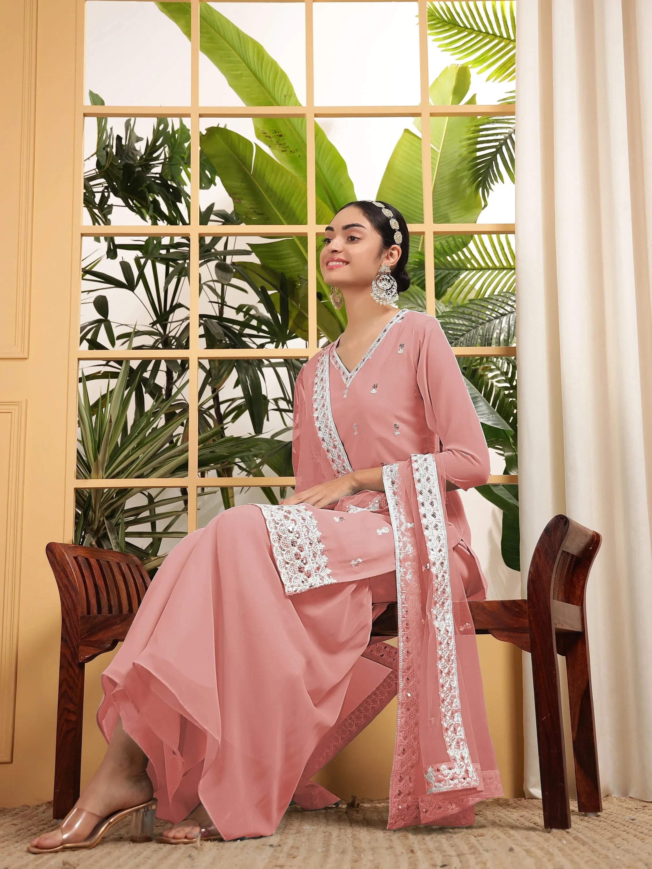 Beautiful Peach Embroidered Georgette Festival Wear Sharara Suit