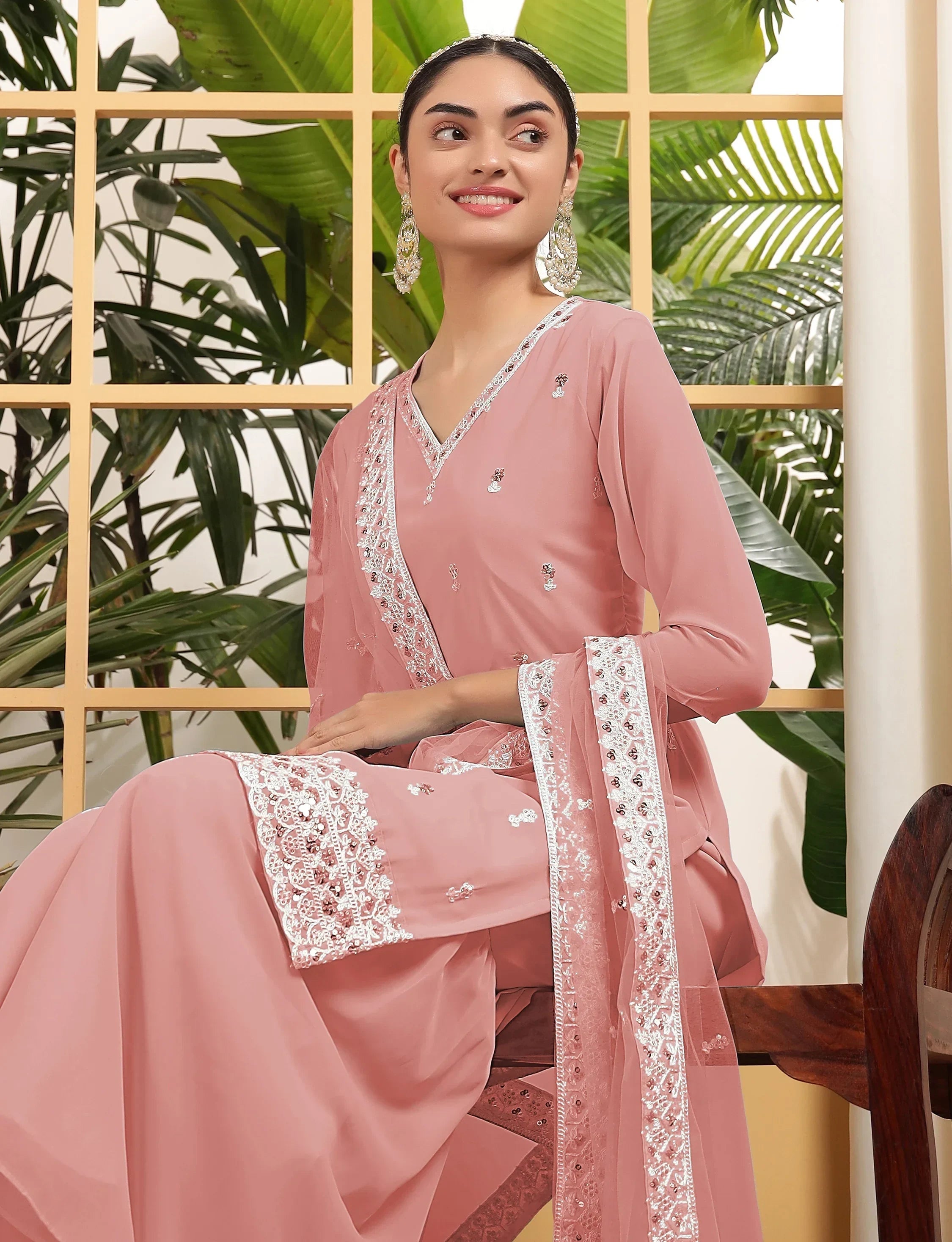 Beautiful Peach Embroidered Georgette Festival Wear Sharara Suit