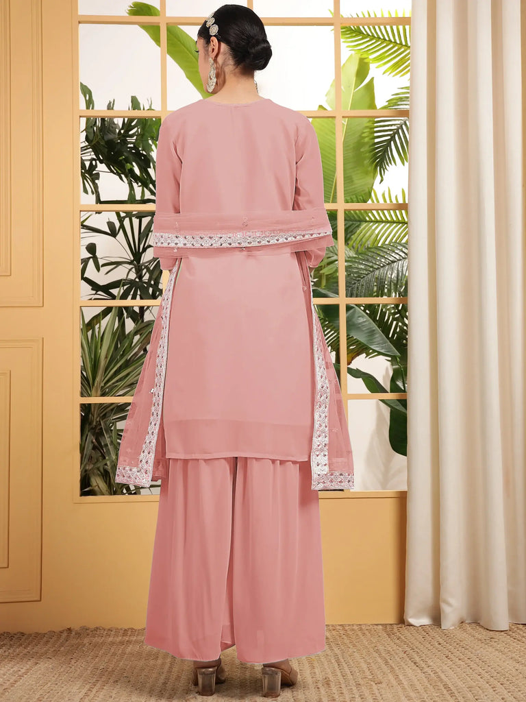 Beautiful Peach Embroidered Georgette Festival Wear Sharara Suit