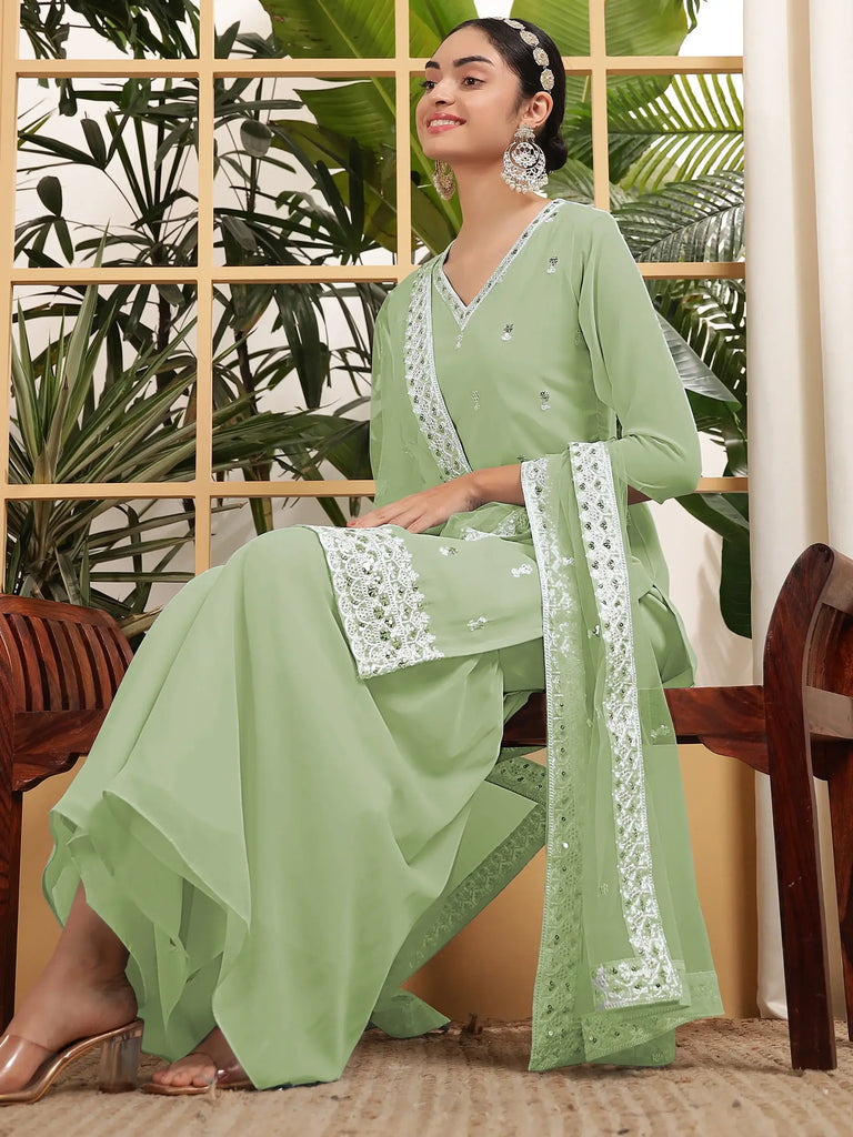 Captivating Pista Green Embroidered Georgette Sharara Suit With Dupatta