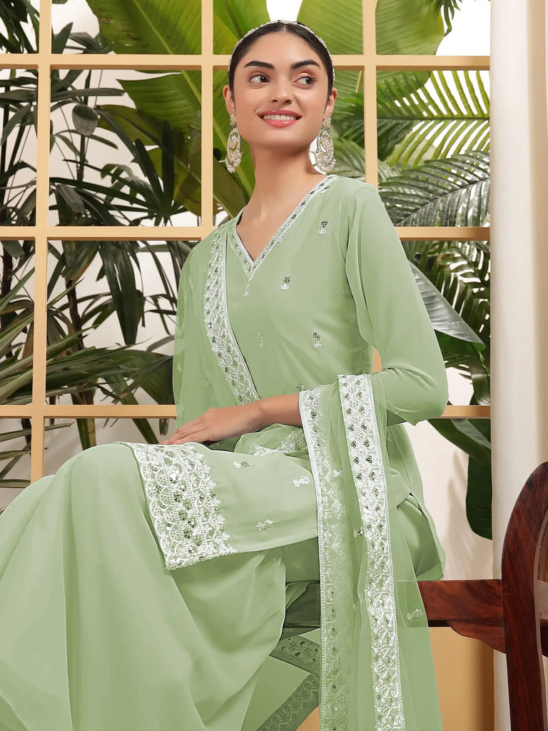 Captivating Pista Green Embroidered Georgette Sharara Suit With Dupatta