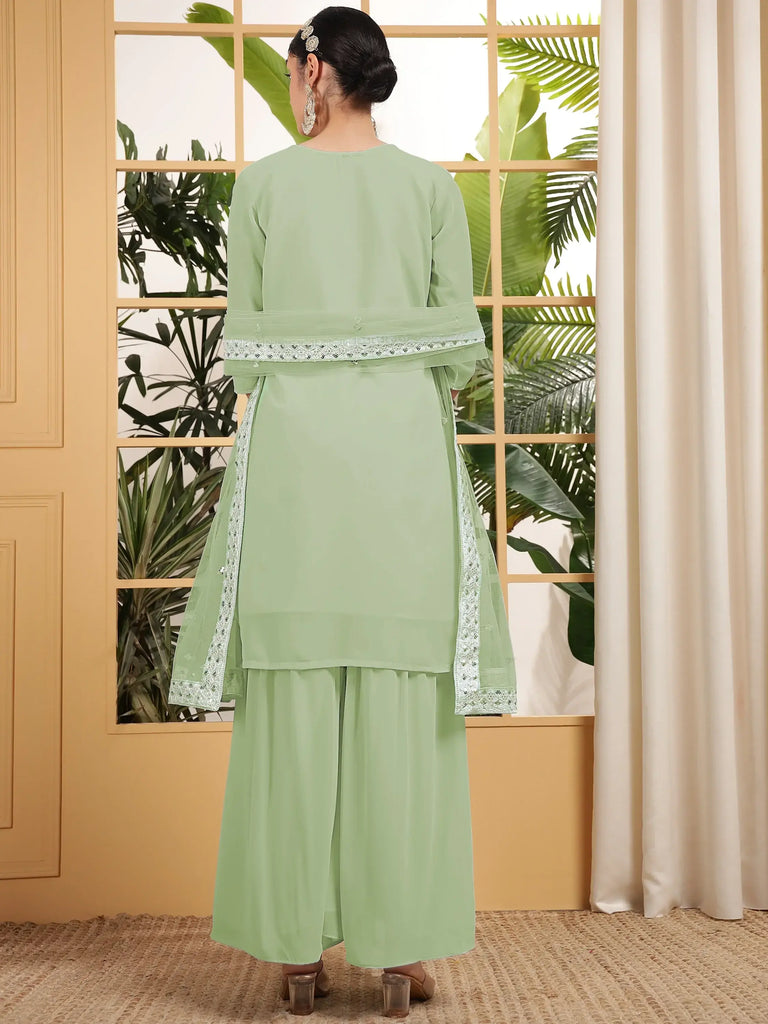 Captivating Pista Green Embroidered Georgette Sharara Suit With Dupatta