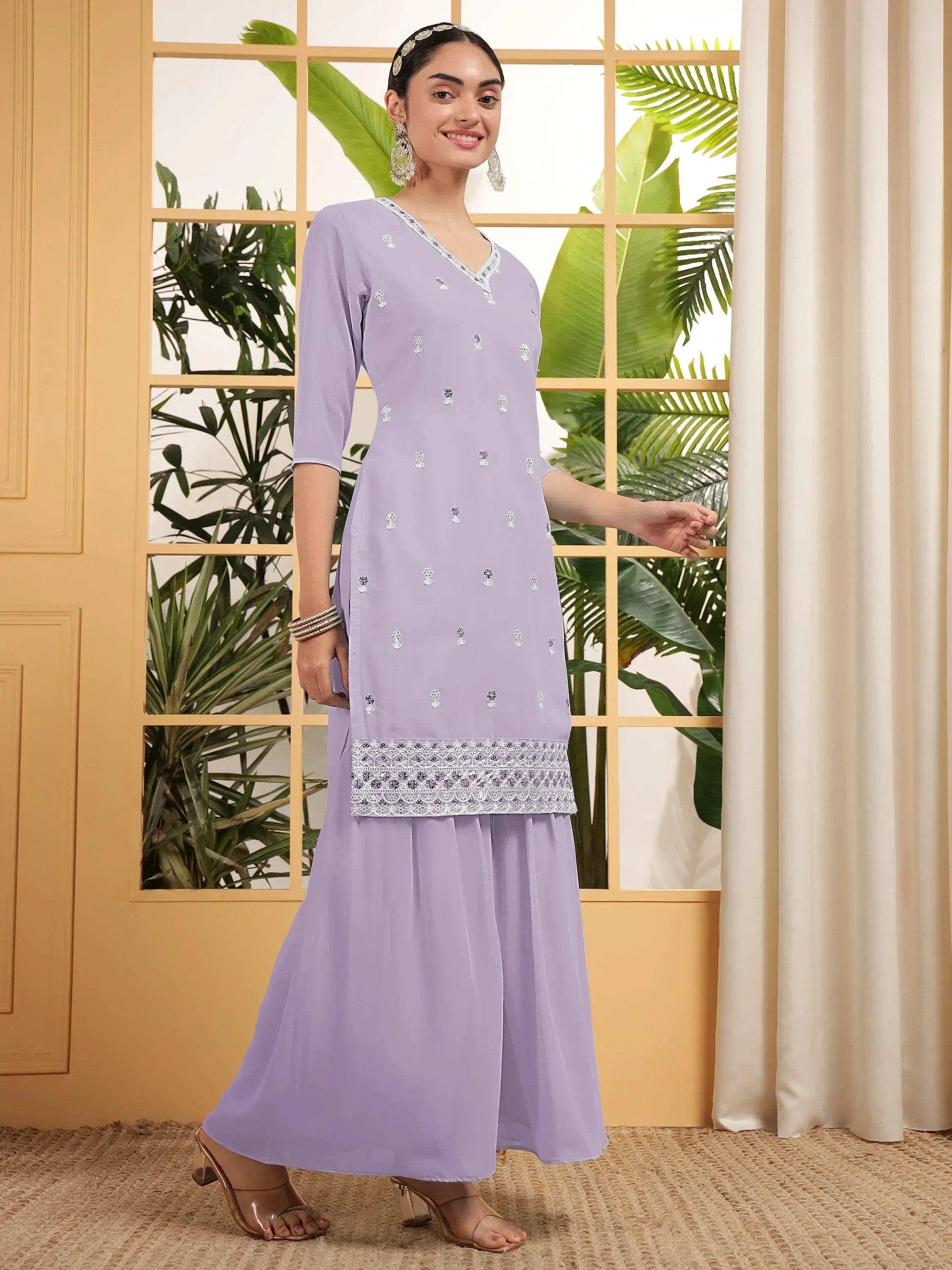 Lavender ethnic kurta with floral embroidery and palazzo pants, perfect for Indian occasions