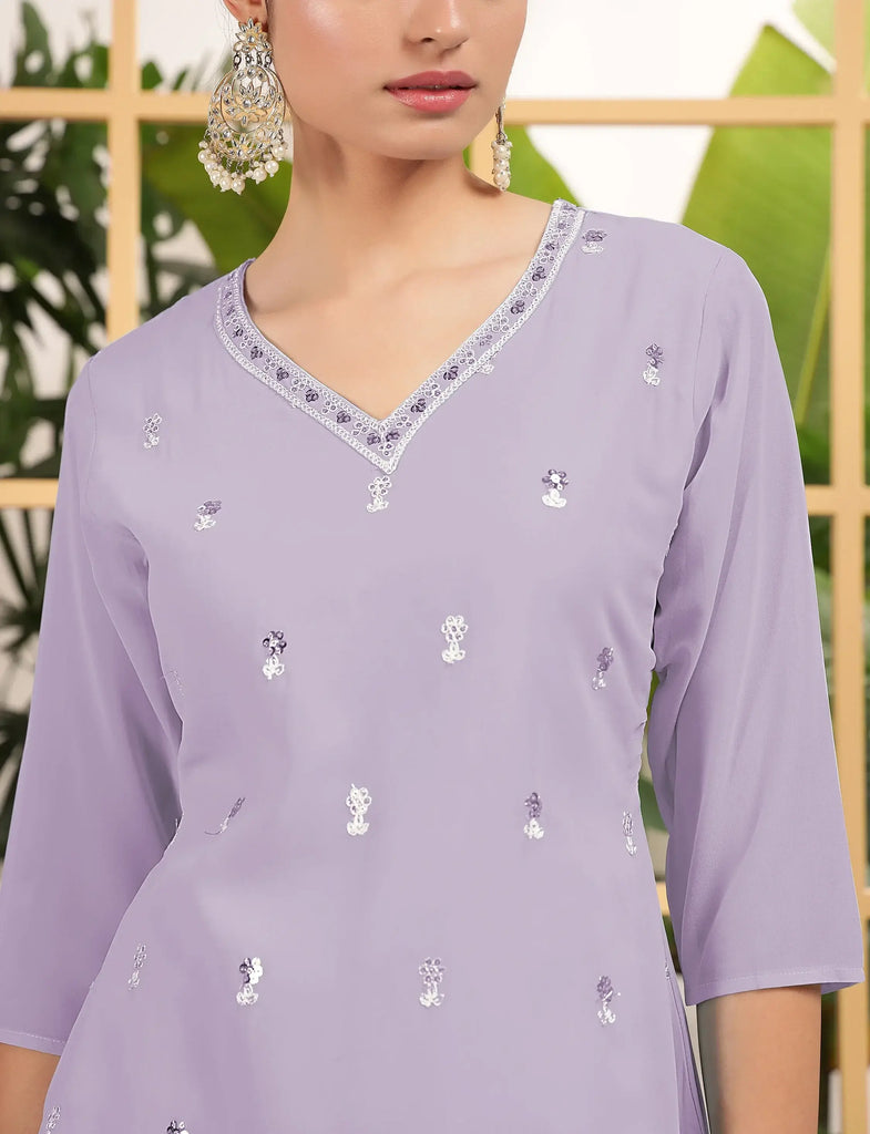 Bewitching Lavender Embroidered Georgette Festival Wear Sharara Suit