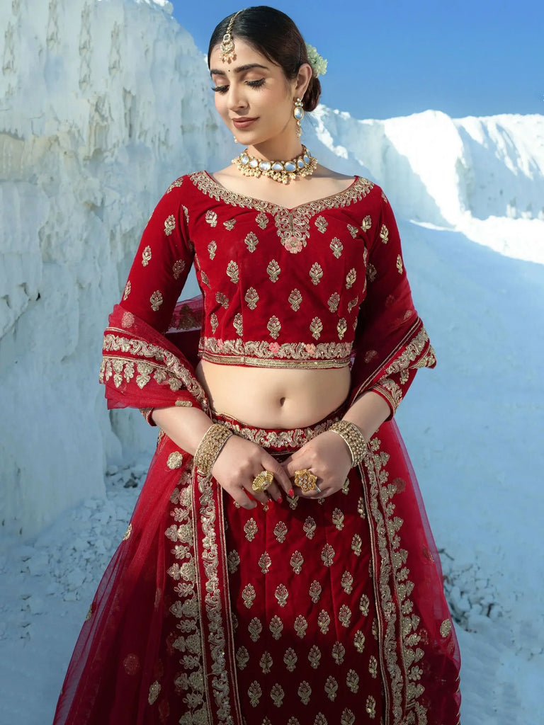 Excellent Red Zari Embroidery Velvet Bridal Wear Lehenga Choli