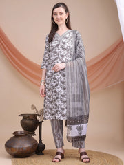 Awesome Grey Floral Printed Cotton Daily Wear Salwar Suit