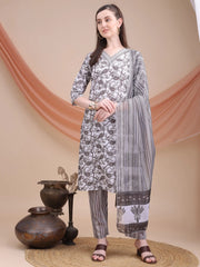 Awesome Grey Floral Printed Cotton Daily Wear Salwar Suit
