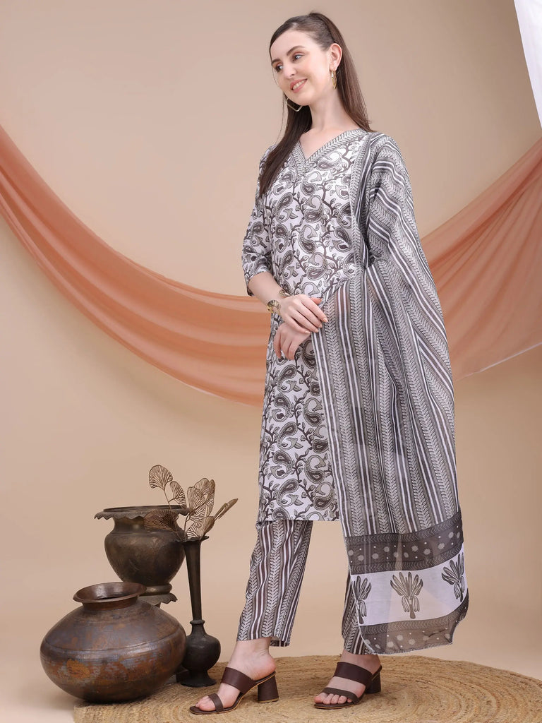 Awesome Grey Floral Printed Cotton Daily Wear Salwar Suit