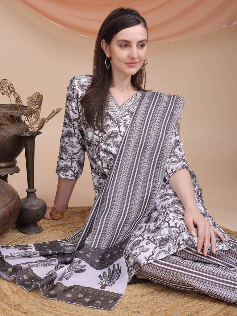 Awesome Grey Floral Printed Cotton Daily Wear Salwar Suit