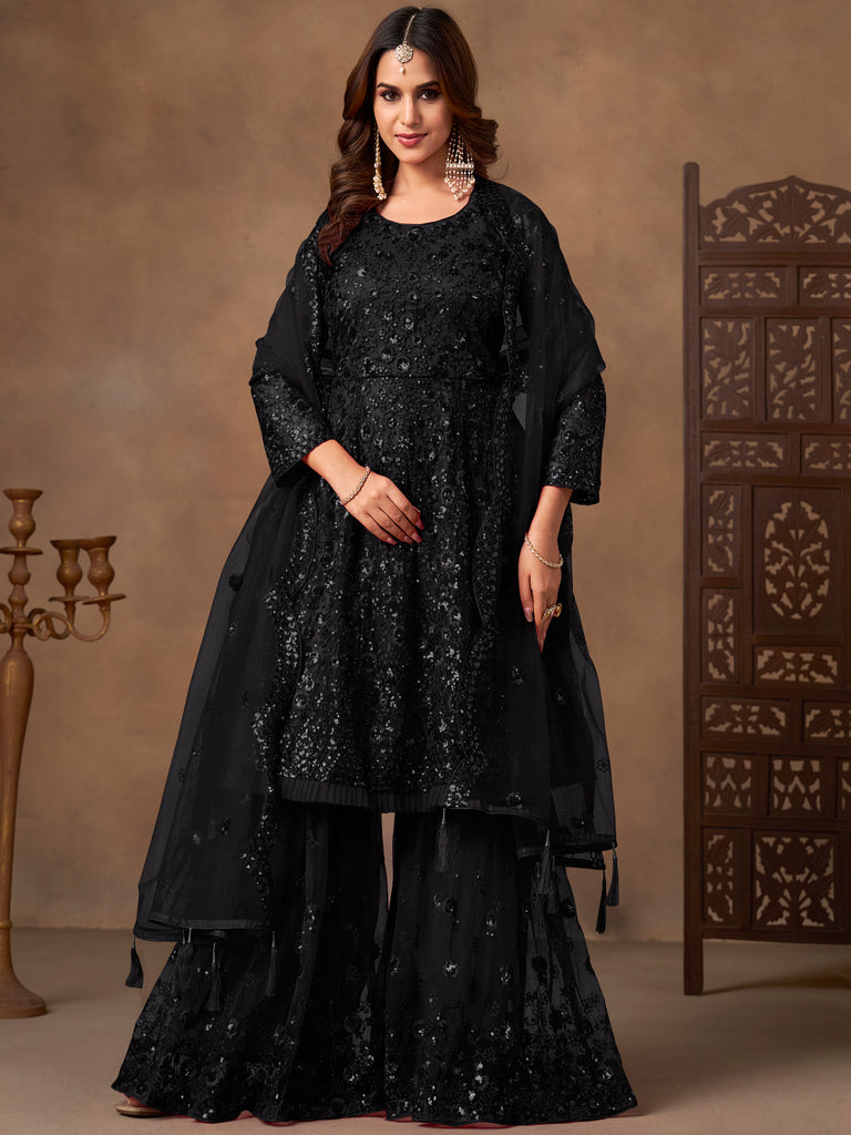 Enchanting Black Embroidered Net Festival Wear Sharara Suit
