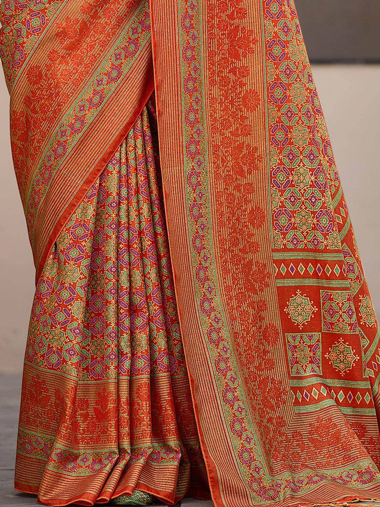 Adorable Orange Patola Printed Silk Event Wear Saree With Blouse