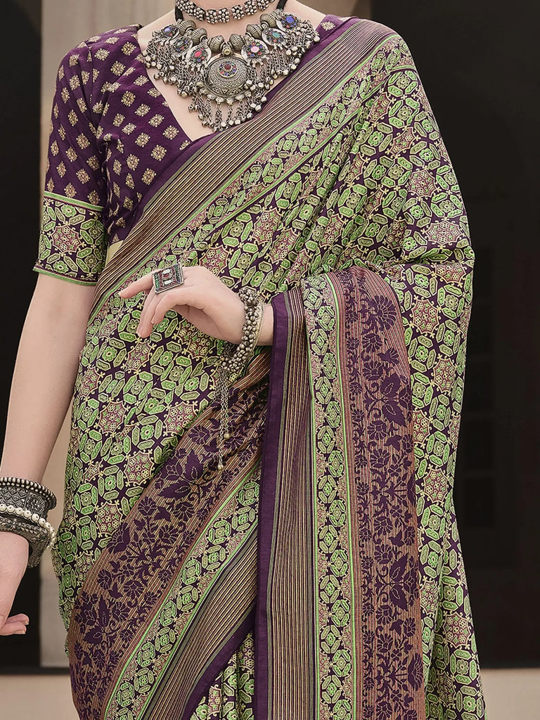 Alluring Purple Patola Printed Silk Event Wear Saree With Blouse