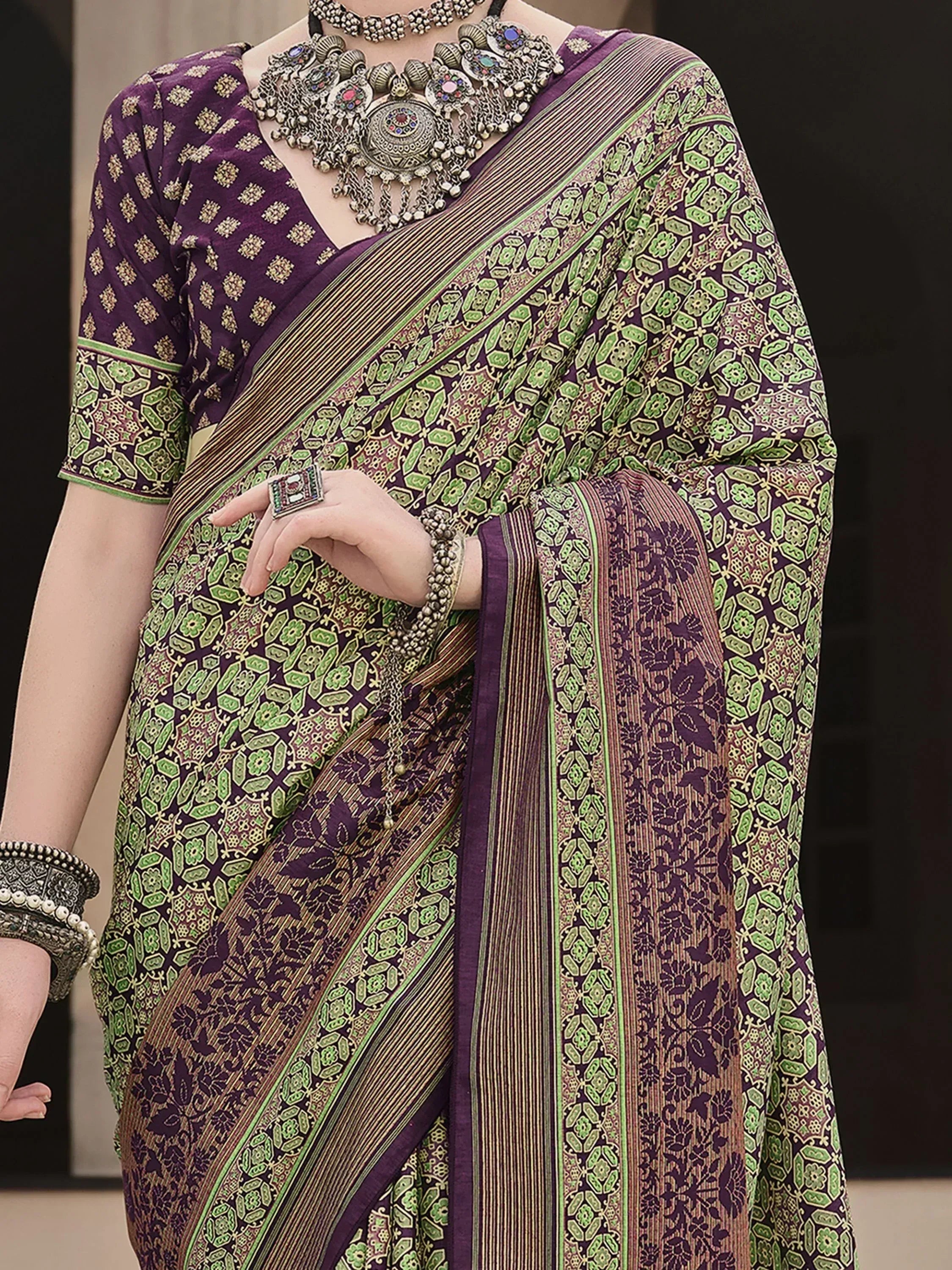 Purple and green printed saree with ethnic jewelry, Indian designer ethnic wear
