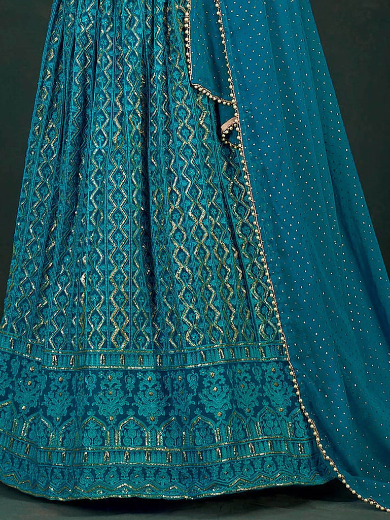 Stunning Teal Blue Sequins Embroidery Georgette Lehenga Choli