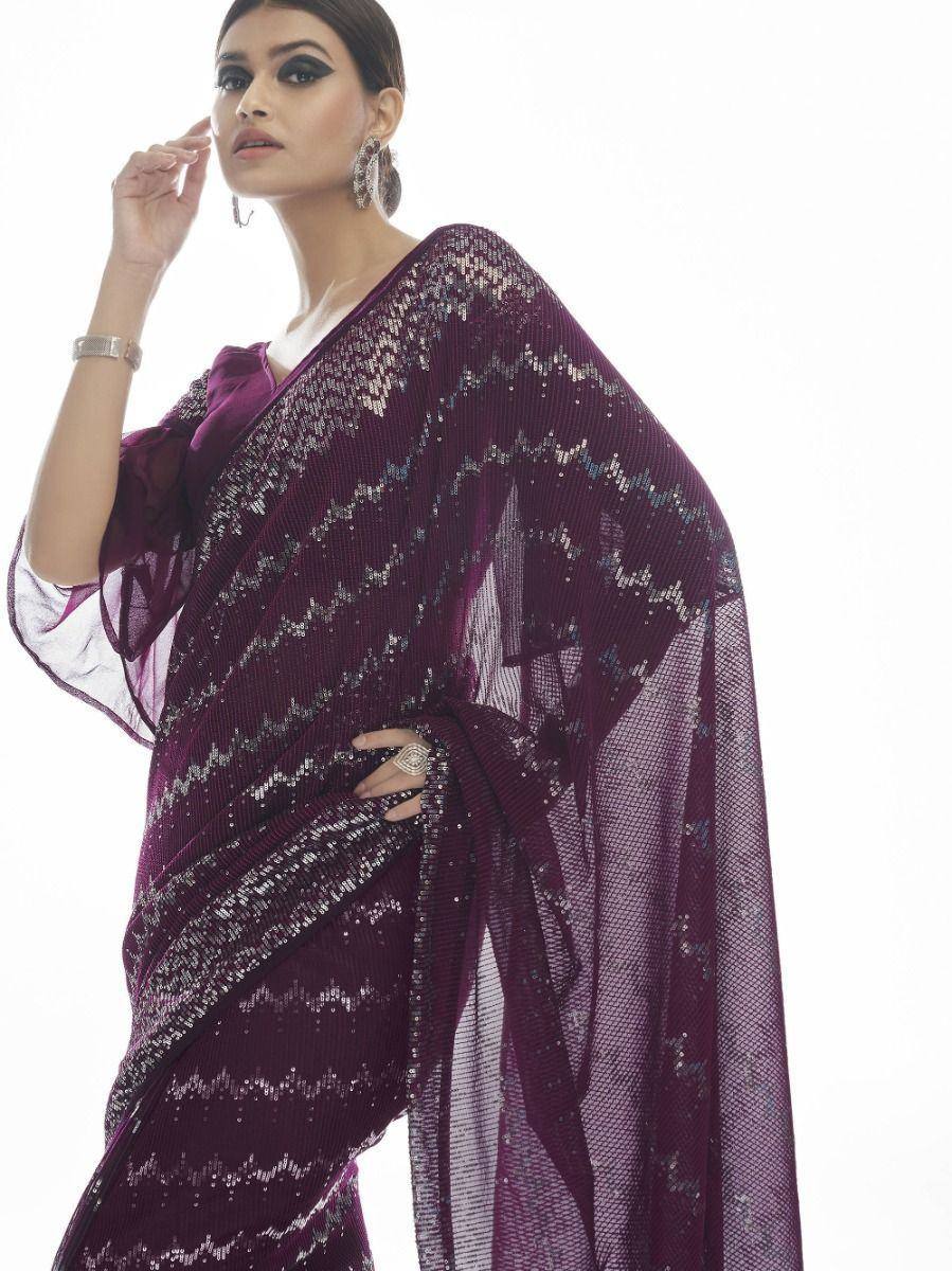 Purple sequin saree with sheer blouse, ethnic Indian wear for festive occasions