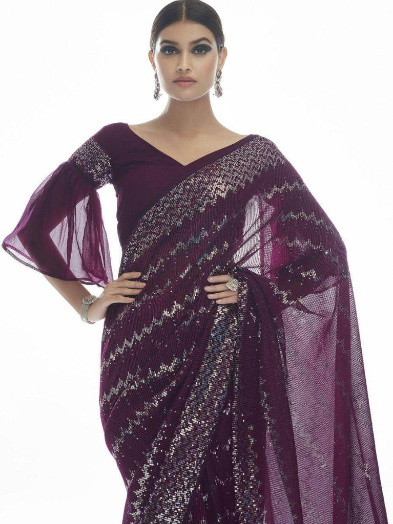 Beautiful Wine Sequins Embroidered Georgette Saree
