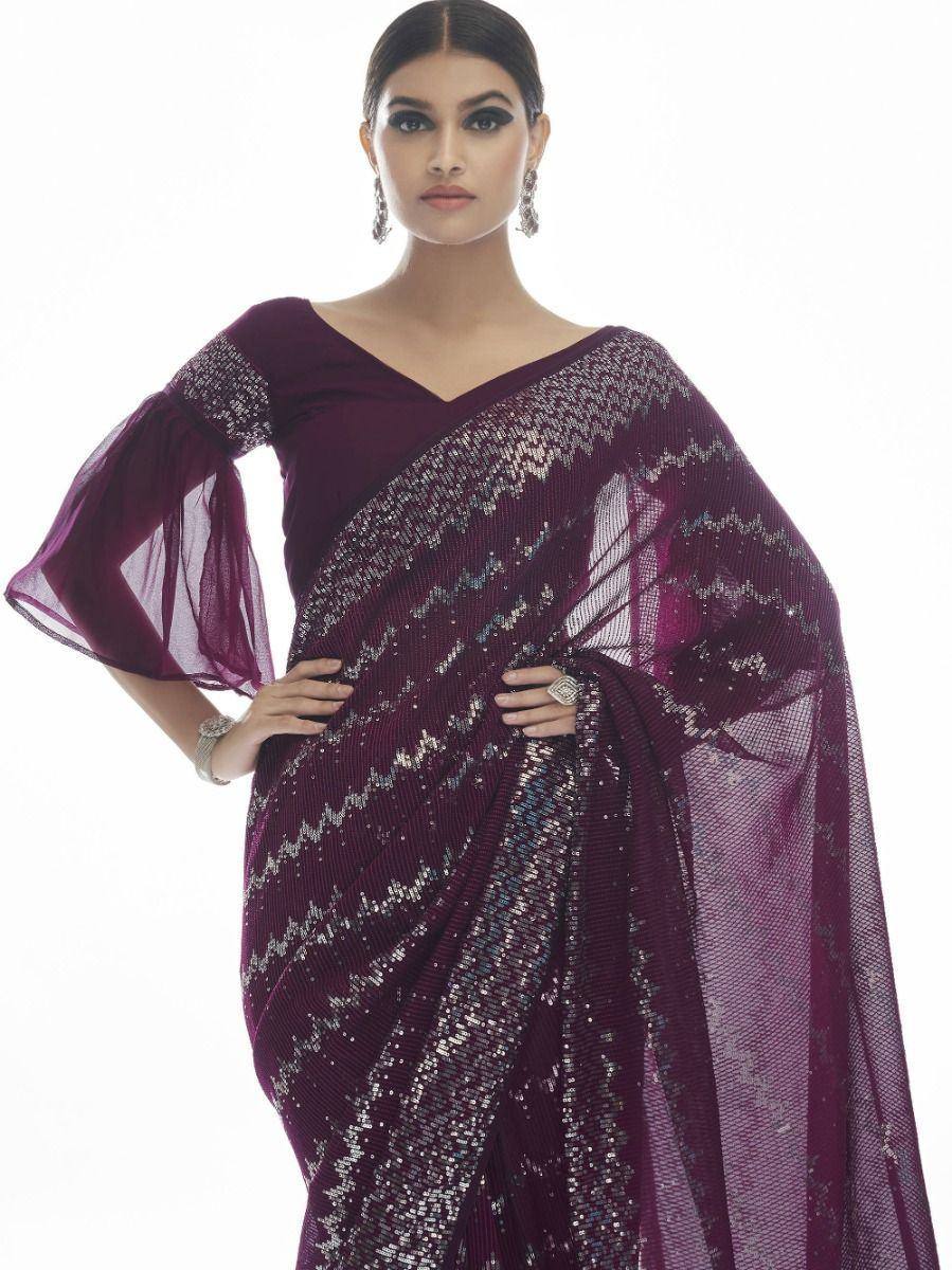 Purple sequin saree with bell sleeves, ethnic Indian wear for women