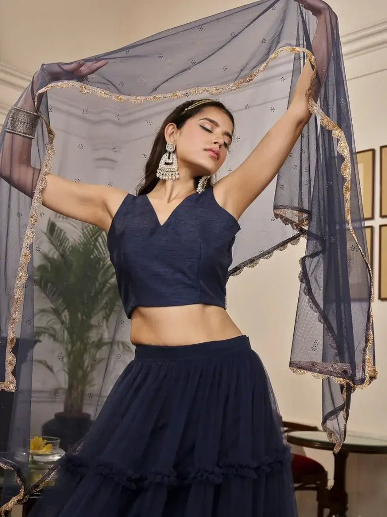 Astonishing Navy Blue Frill Soft Net Lehenga Choli