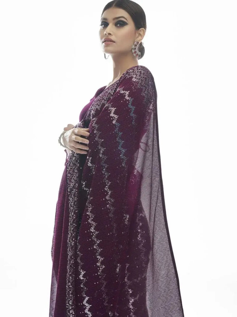 Beautiful Wine Sequins Embroidered Georgette Saree