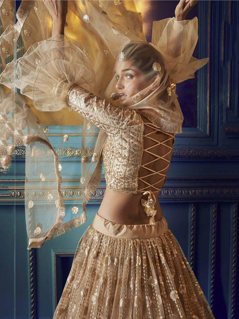 Beige Heavy Sequins Net Wedding Wear Lehenga Choli