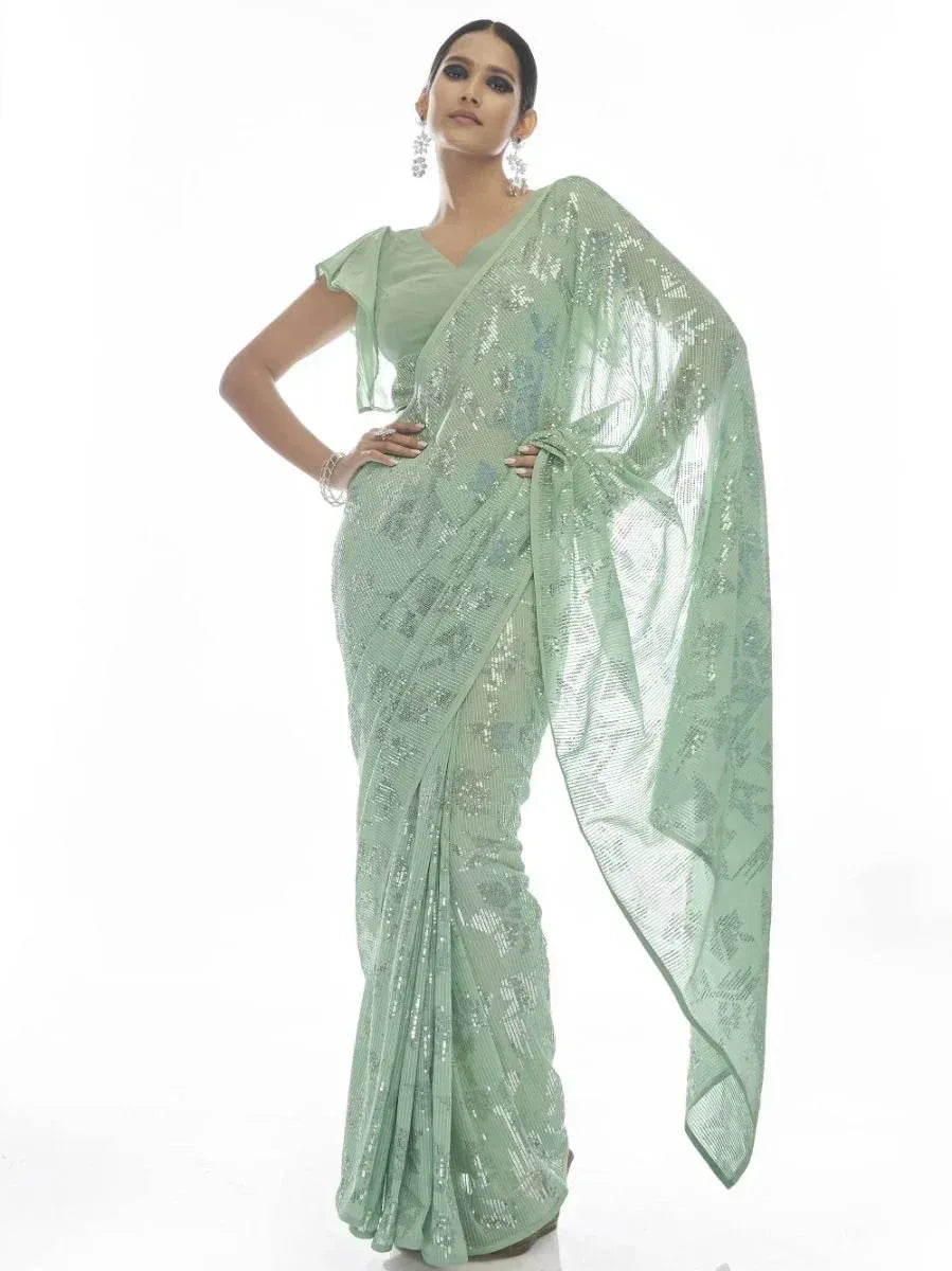 Mint green sequin saree with floral pattern, stylish ethnic wear for women
