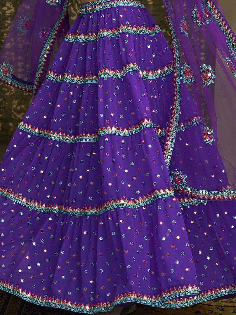 Purple tiered lehenga with mirror work and embroidered borders, Indian ethnic wear
