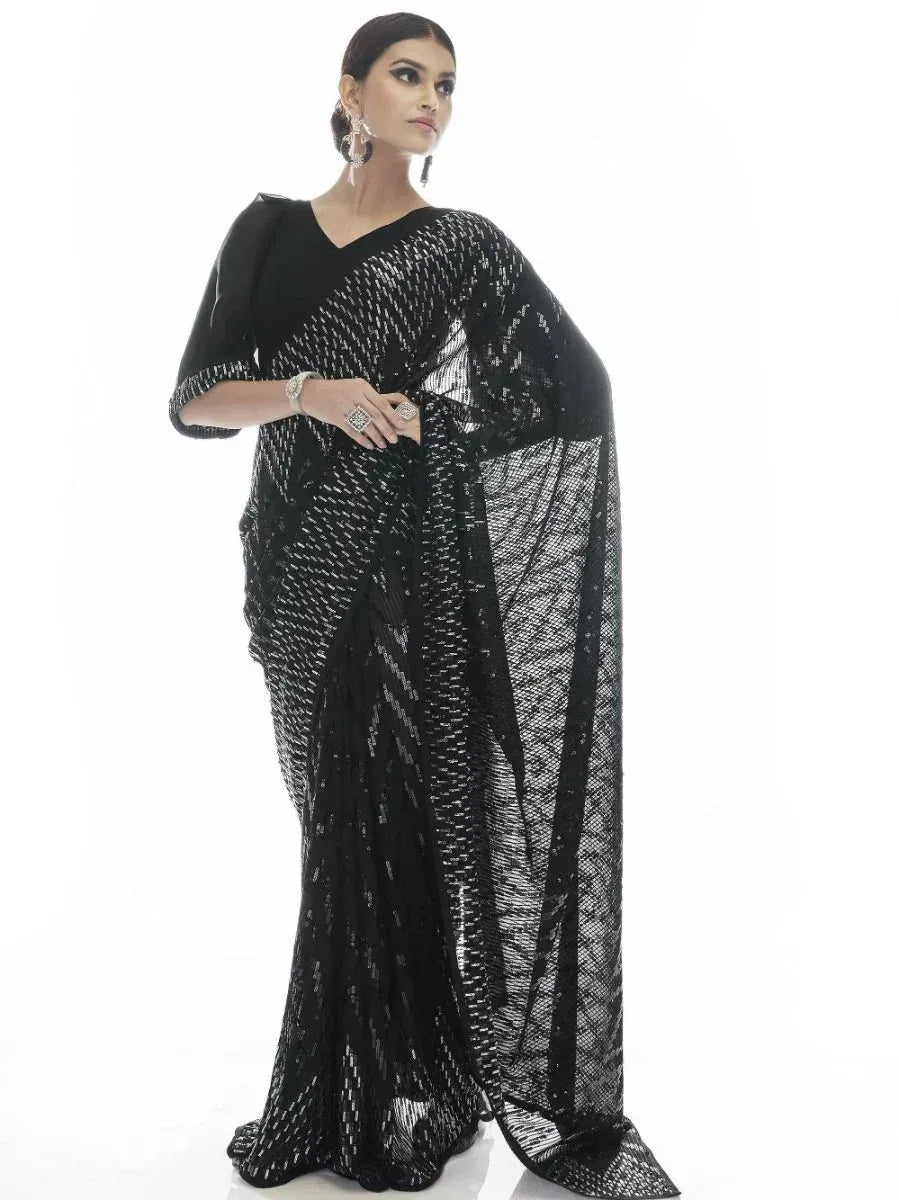 Black sequin saree with matching blouse, elegant ethnic wear for women