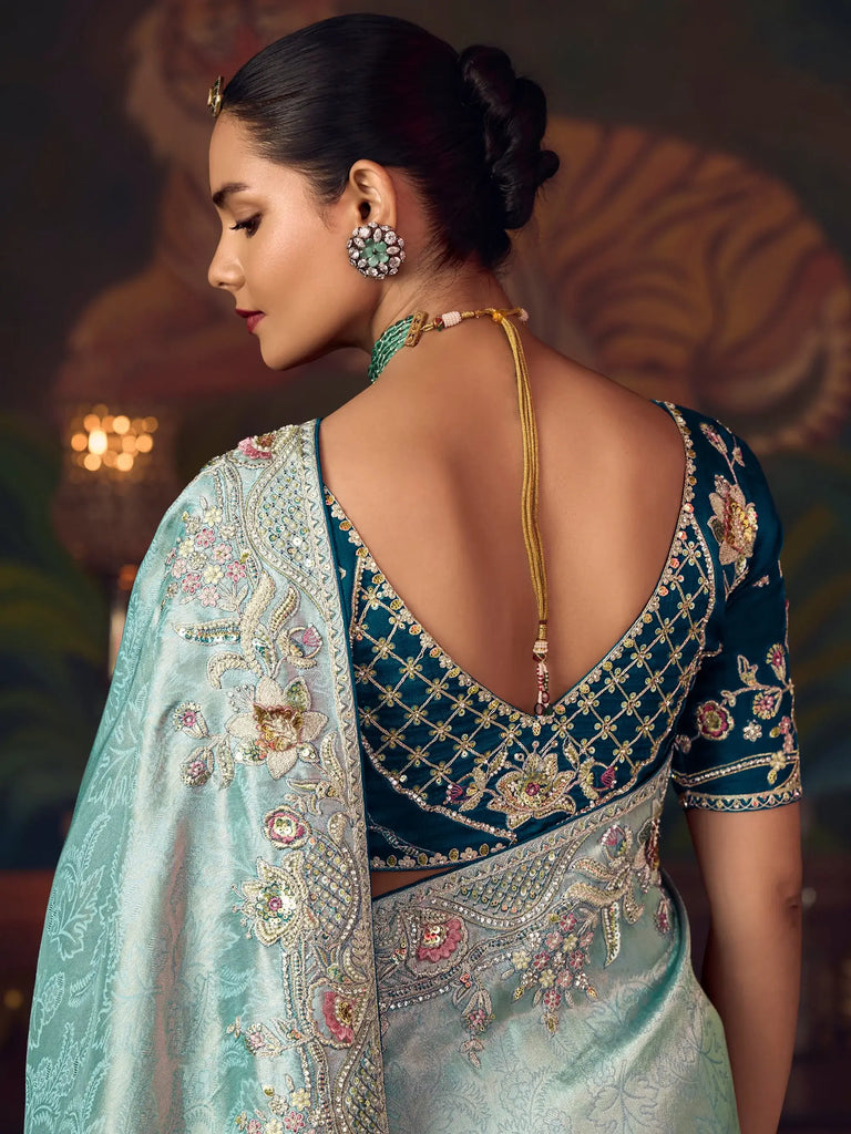 Stunning Blue Silk Sequins Embroidered Wedding Wear Saree With Blouse