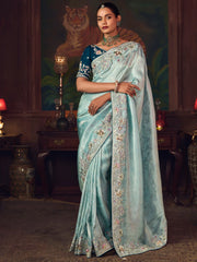 Stunning Blue Silk Sequins Embroidered Wedding Wear Saree With Blouse