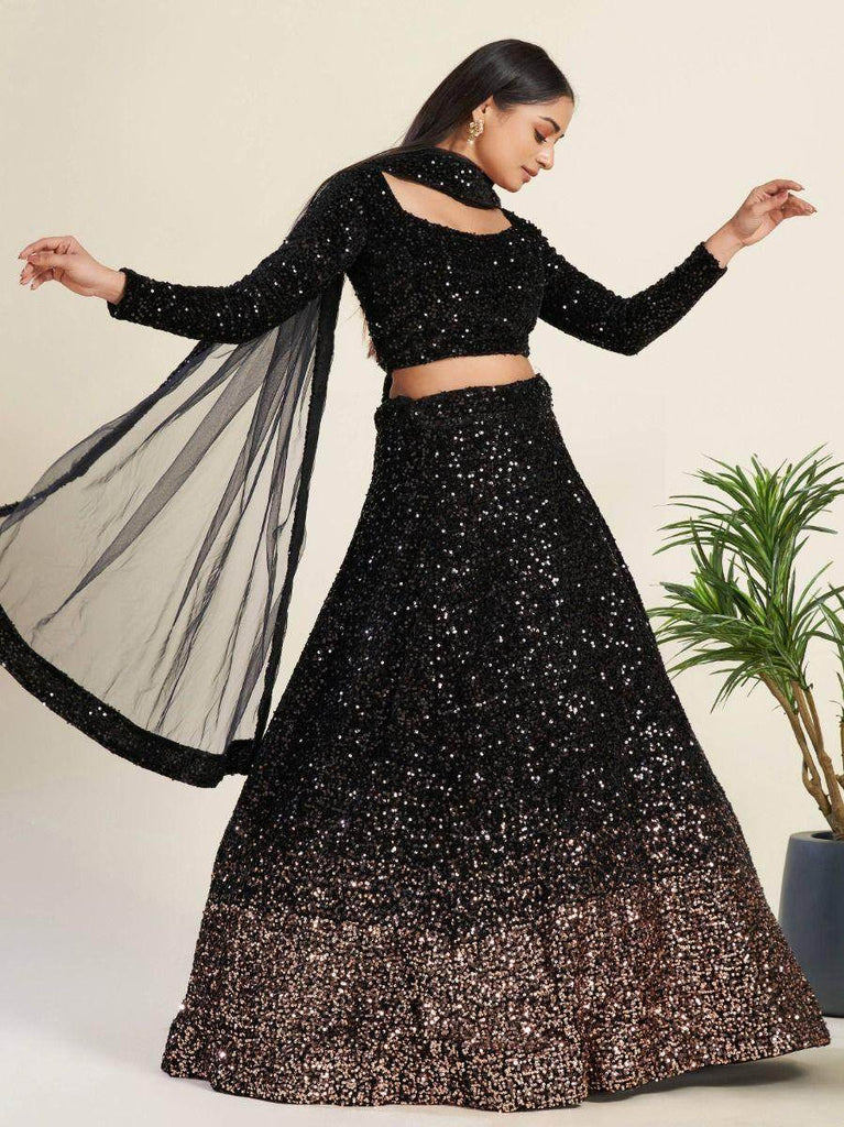 Glamorous Black Sequin Work Velvet Wedding Lehenga Choli