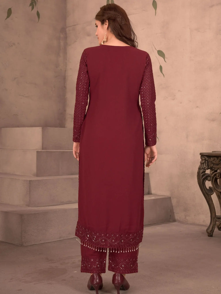 Wonderful Maroon Thread Work Georgette Festive Wear Pant Suit