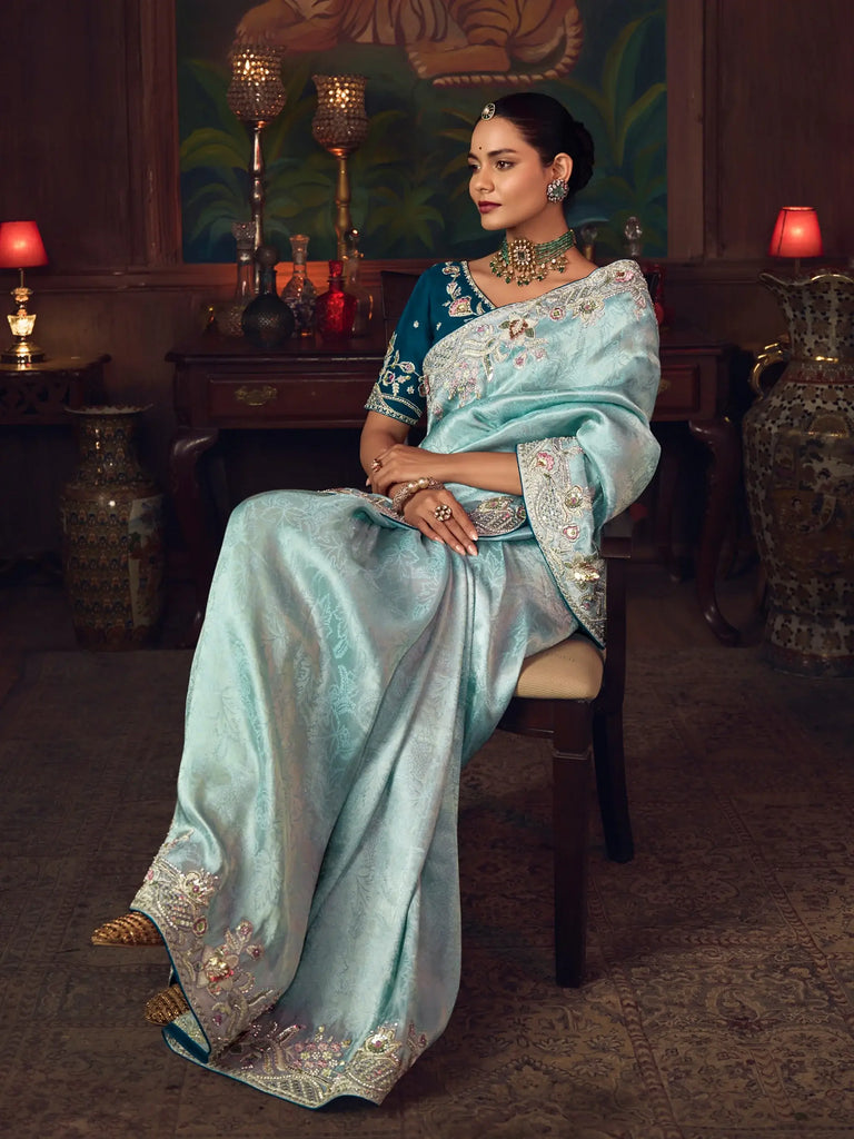 Stunning Blue Silk Sequins Embroidered Wedding Wear Saree With Blouse