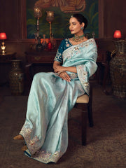 Stunning Blue Silk Sequins Embroidered Wedding Wear Saree With Blouse