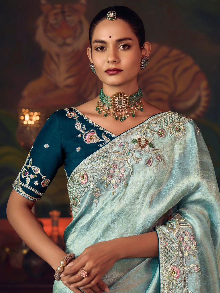 Stunning Blue Silk Sequins Embroidered Wedding Wear Saree With Blouse