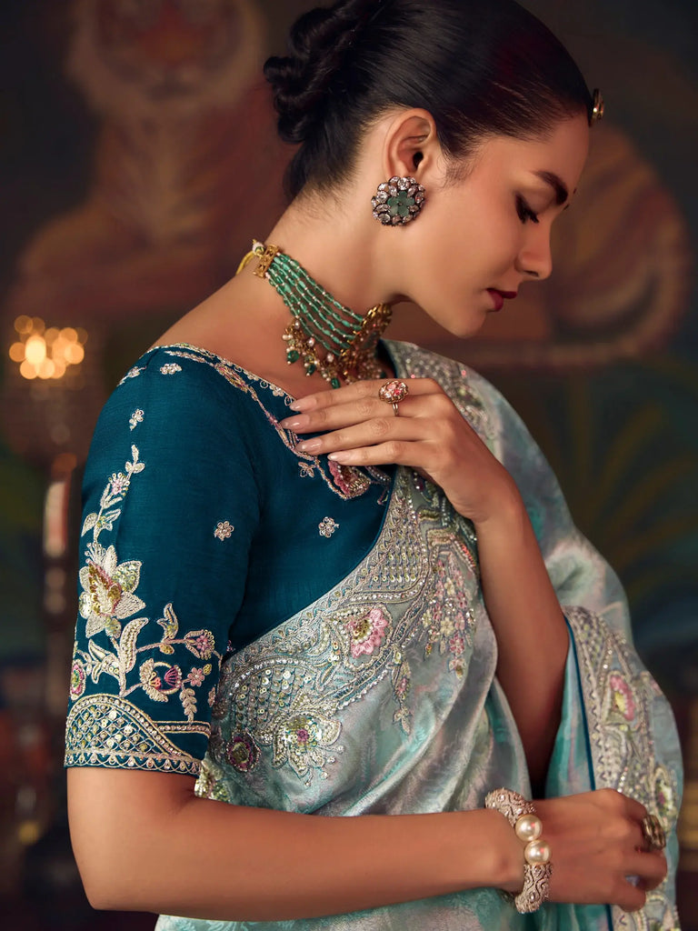 Stunning Blue Silk Sequins Embroidered Wedding Wear Saree With Blouse