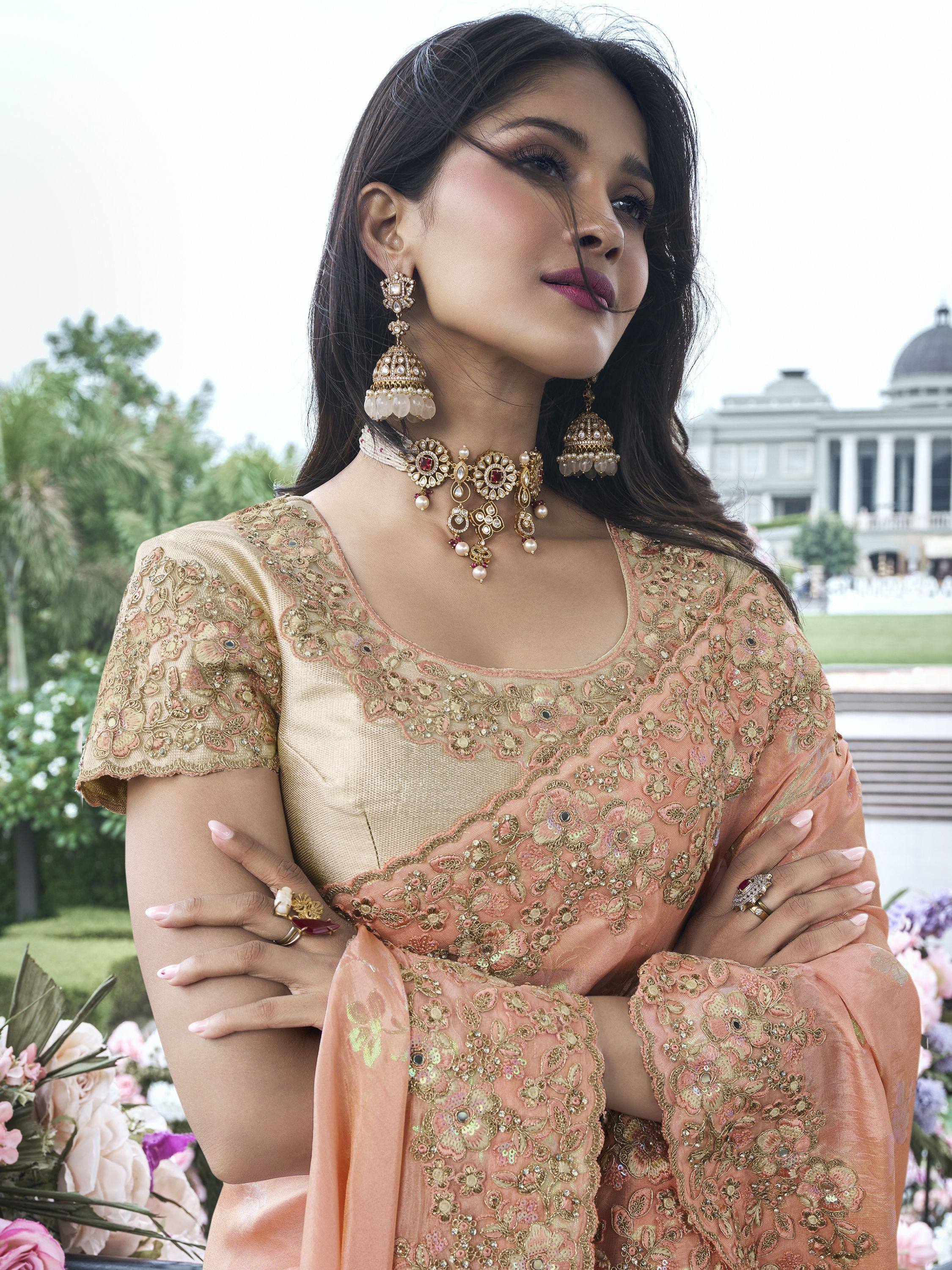 Dazzling Peach Zari Woven Organza Silk Event Wear Saree With Blouse