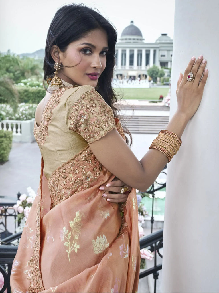 Dazzling Peach Zari Woven Organza Silk Event Wear Saree With Blouse