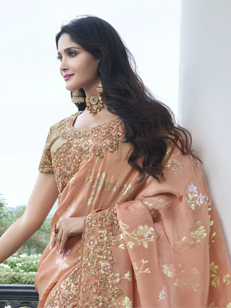 Dazzling Peach Zari Woven Organza Silk Event Wear Saree With Blouse